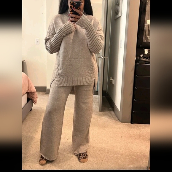 Turtleneck Drop Shoulder Split Hem Sweater & Knit Pants - Picture 6 of 8